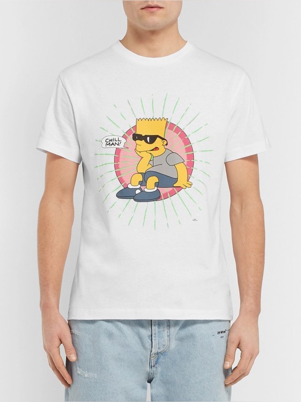 Off-White White Short Sleeve Tee with Neon Skate Bart Graphic